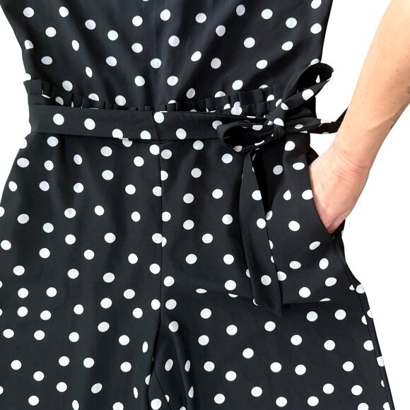 1990s Vintage Black White Polka Dot Jumpsuit Sz Small Sleeveless Wide Leg Belted - Picture 4 of 12